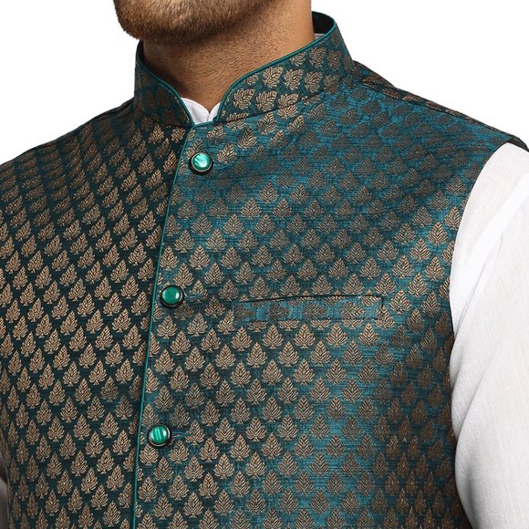 Sleeveless Traditional Brocade Silk Fabric Dark Green Nehru Jacket by Treemoda - Picture 4 of 5